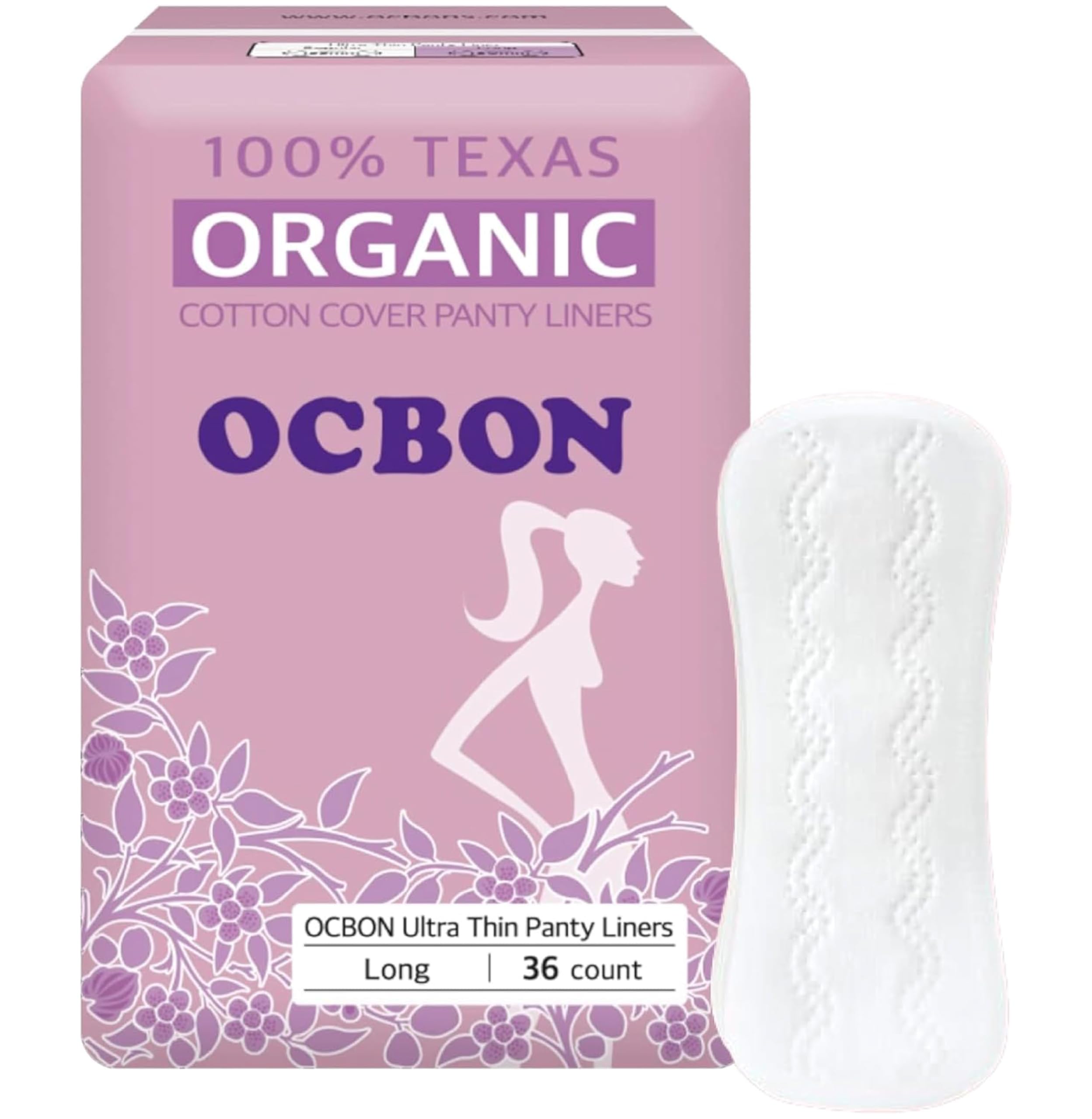 OCBON Ultra Thin Sanitary Pantyliners (Long, 7.1 inch, 36 Counts) - Ultra Thin, Unscented 100% Organic Cotton Panty Liners for Women. Chemical-Free, Extra Soft, Ideal for Sensitive Skin
