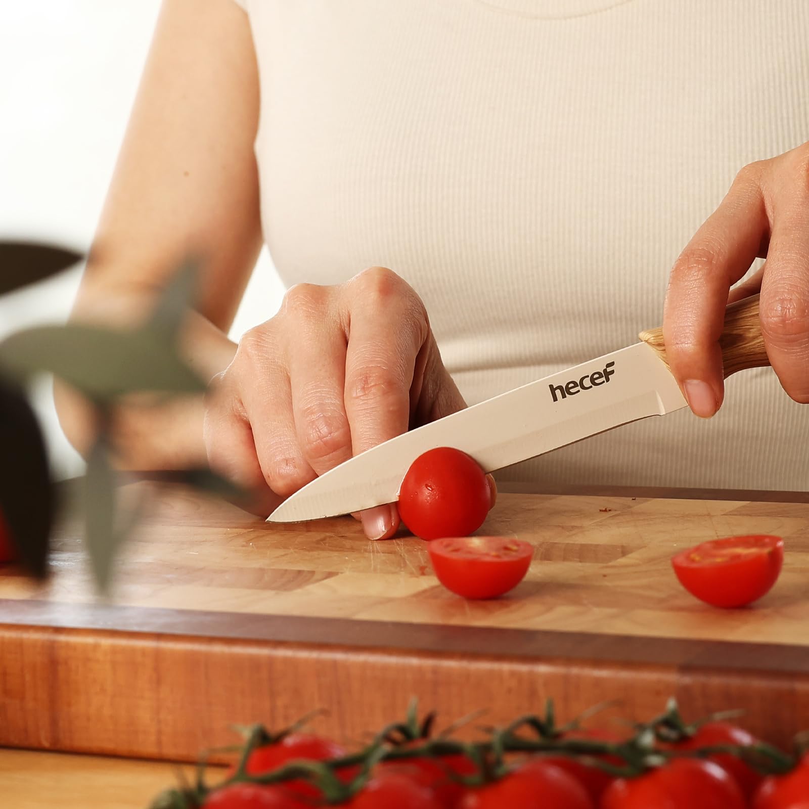 hecef Juego de Cuchillos Cocina 3 Piezas, Acero Inoxidable, Mango Efecto Madera, Santoku, Multiusos, Pelador