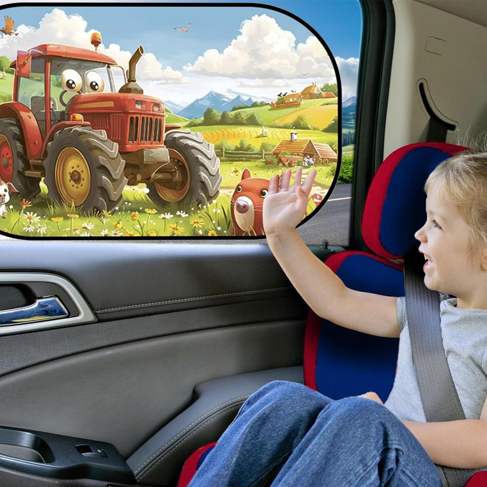 Tendine Parasole Auto Bambini Protezione UV, Cartone Animato Trattore, 51x31cm, Accessori Auto