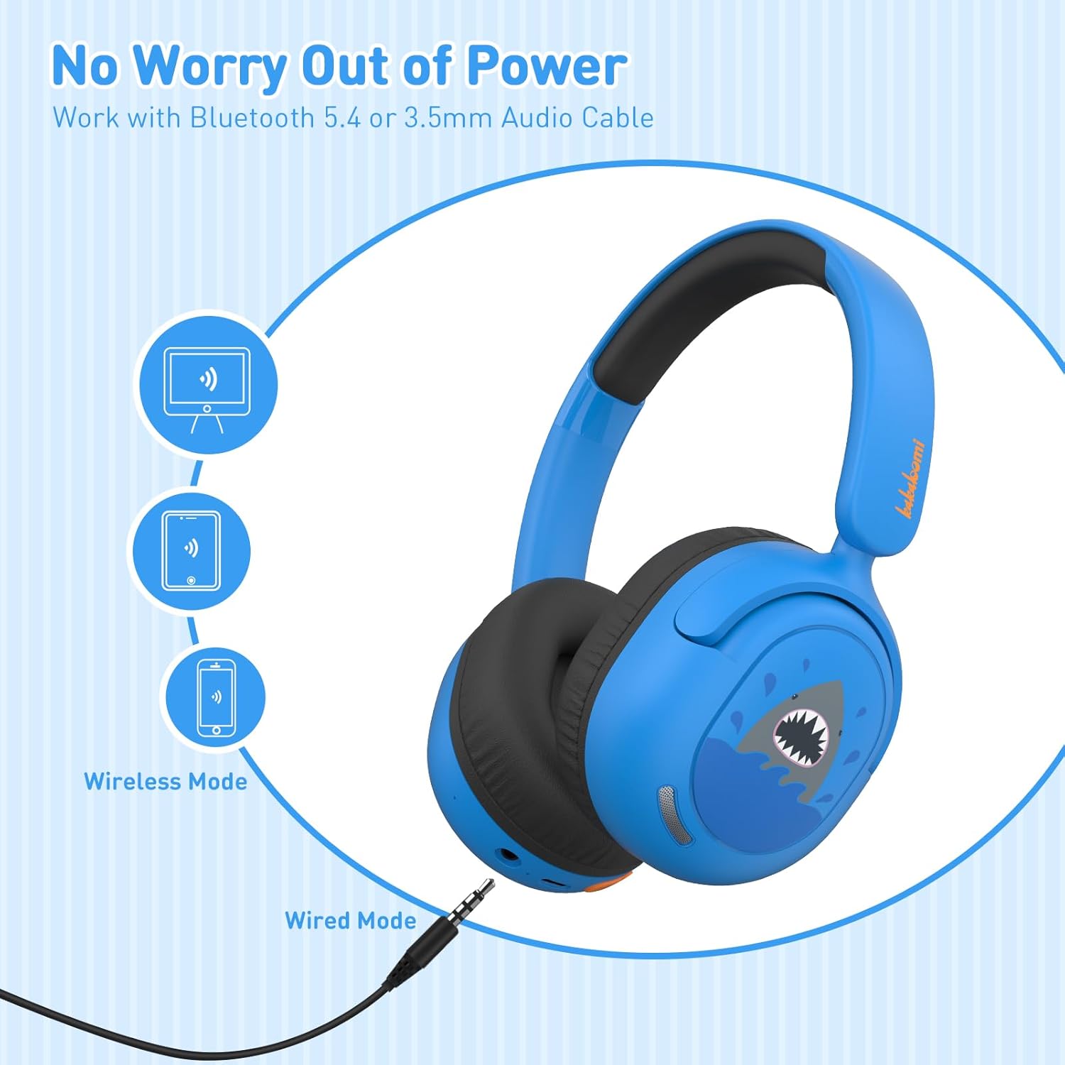 Kids Bluetooth Headphones, Wireless Headphones for Kids, 75/85/94dB Volume Limited, Built-in Mic, Fast Charging, Over-Ear Shark Childrens Boys Teens Headset for School/Tablet/Pad/Travel - Image 7