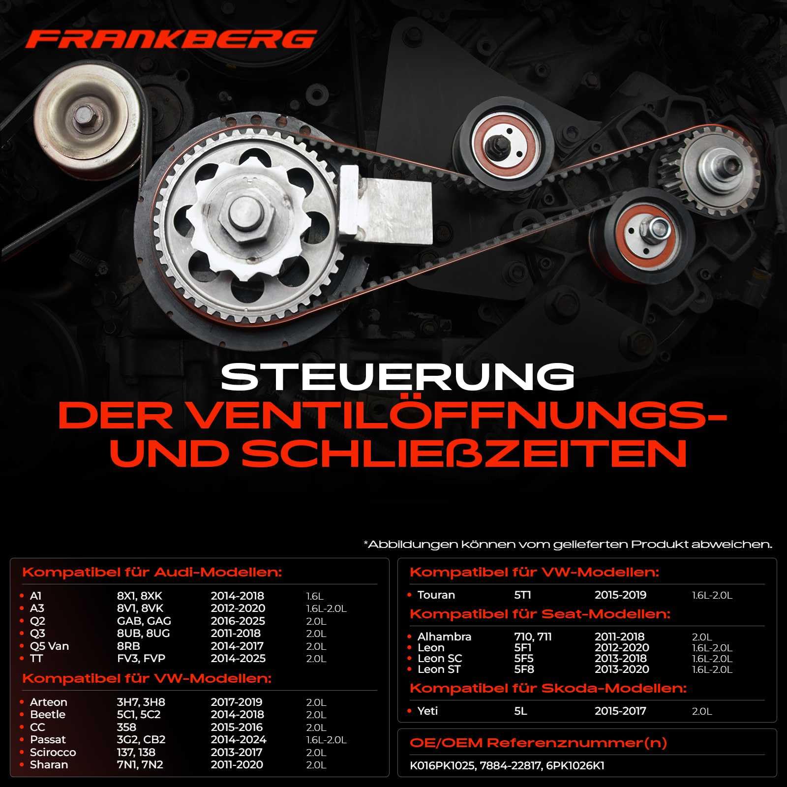 Frankberg Zahnriemenkit Zahnriemensatz Kompatibel mit P.a.s.s.a.t Variant 3G5 CB5 2.0L O.c.t.a.v.i.a III Combi 5E5 5E6 2.0L T.i.g.u.a.n AD1 AX1 2.0L Replace# K016PK1025