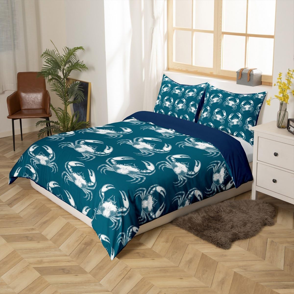 Castle Fairy Crab Duvet Cover Toddler Size,Nautical Sealife Comforter Cover with 1 Pillowcase,Beach Sea Animals Bedding Set 2pcs for Kids Bedroom Decor,Vintage Blue Printed Quilt Cover,Not Comforter