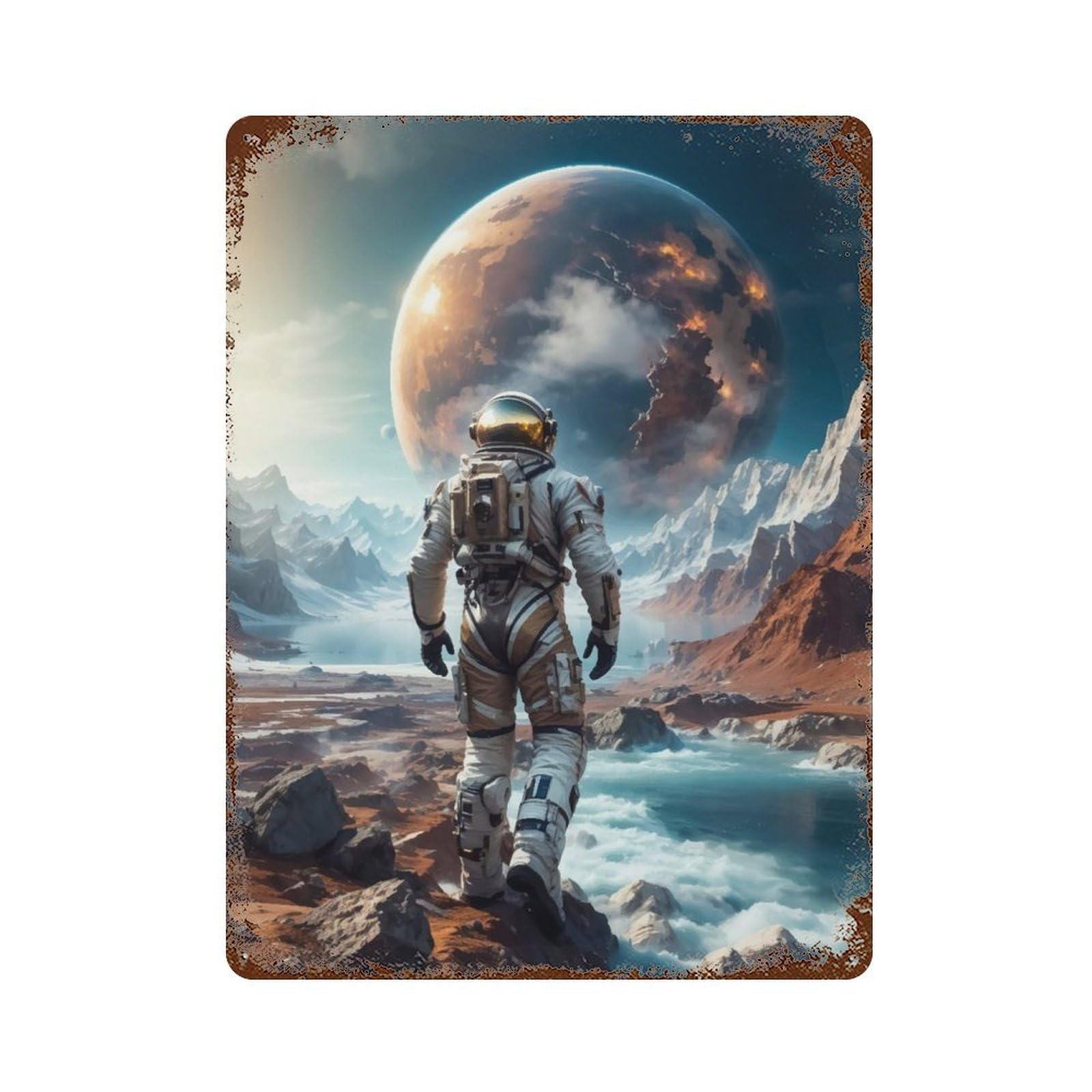 Vintage Rust Metal Sign with Walking in The Cosmos Design 15.7"x11.8", for Garage, Bar And Workshop Decor, Retro Wall Decor