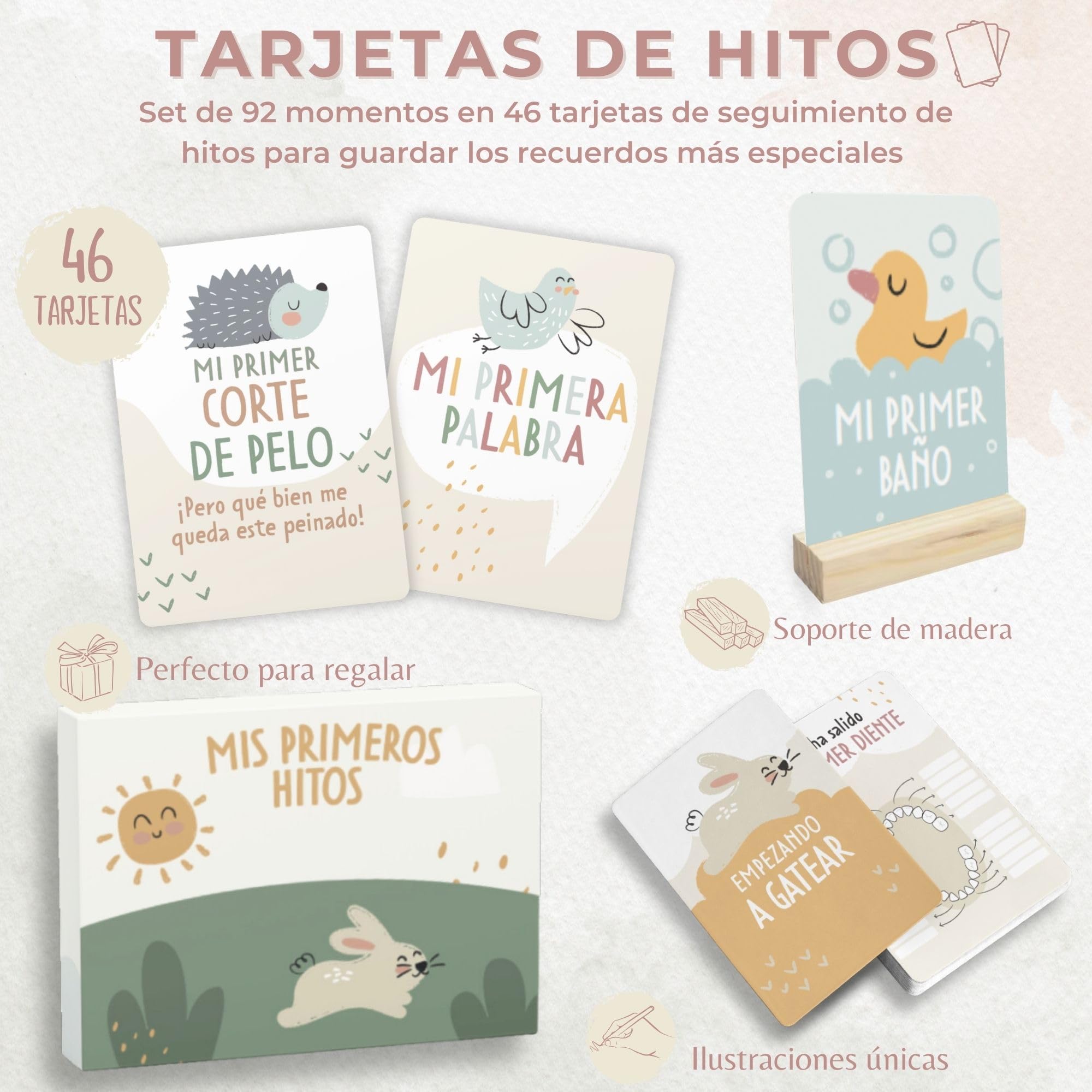 HUBORNS – Tarjetas cumple mes bebé “Mis primeras veces”, set de 46 tarjetas para fotos y recuerdos, regalo original para recién nacidos y padres primerizos con caja premium de regalo