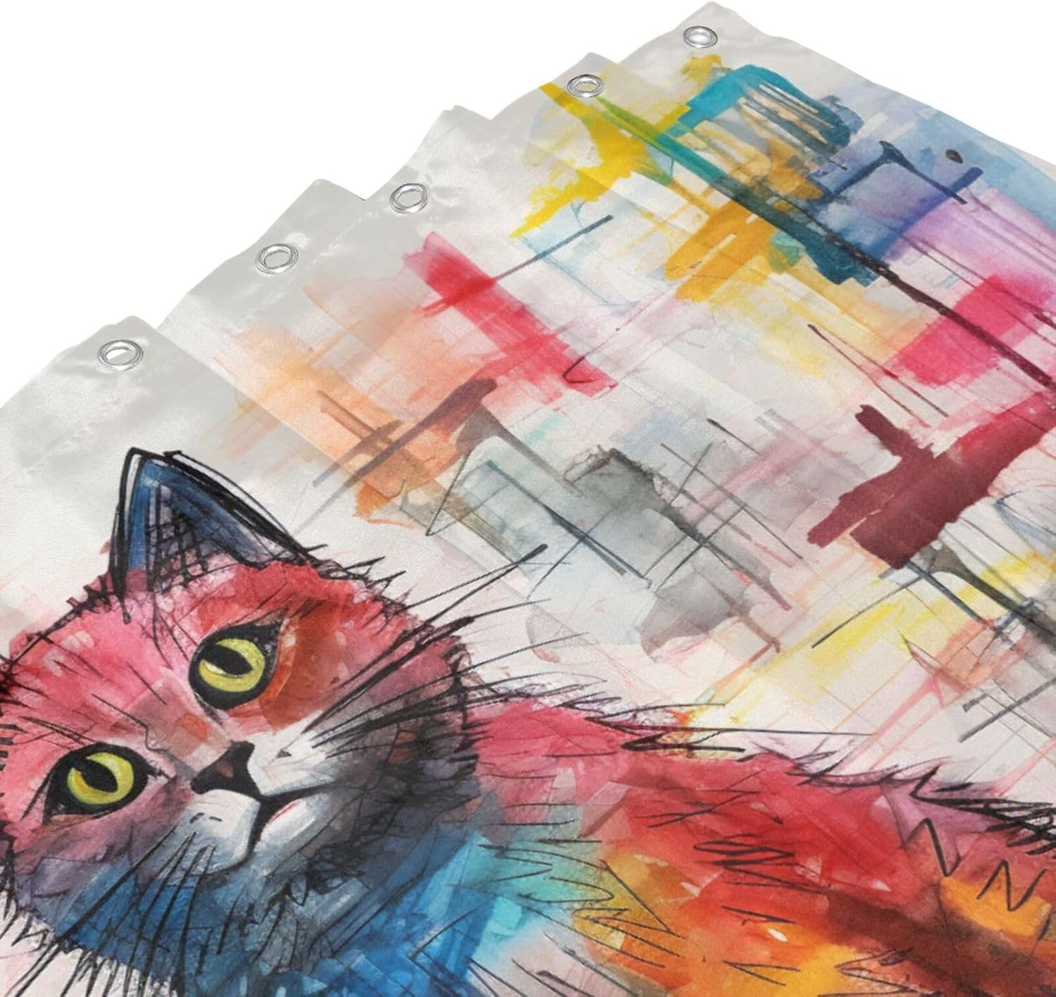 Cute Cat Shower Curtain, Colourful Children's Drawing Boho Shower Curtain Set, Crayon Drawing Abstract Farmhouse Fabric Bathroom Curtains with 12 Hooks 72x72in YLADW2938