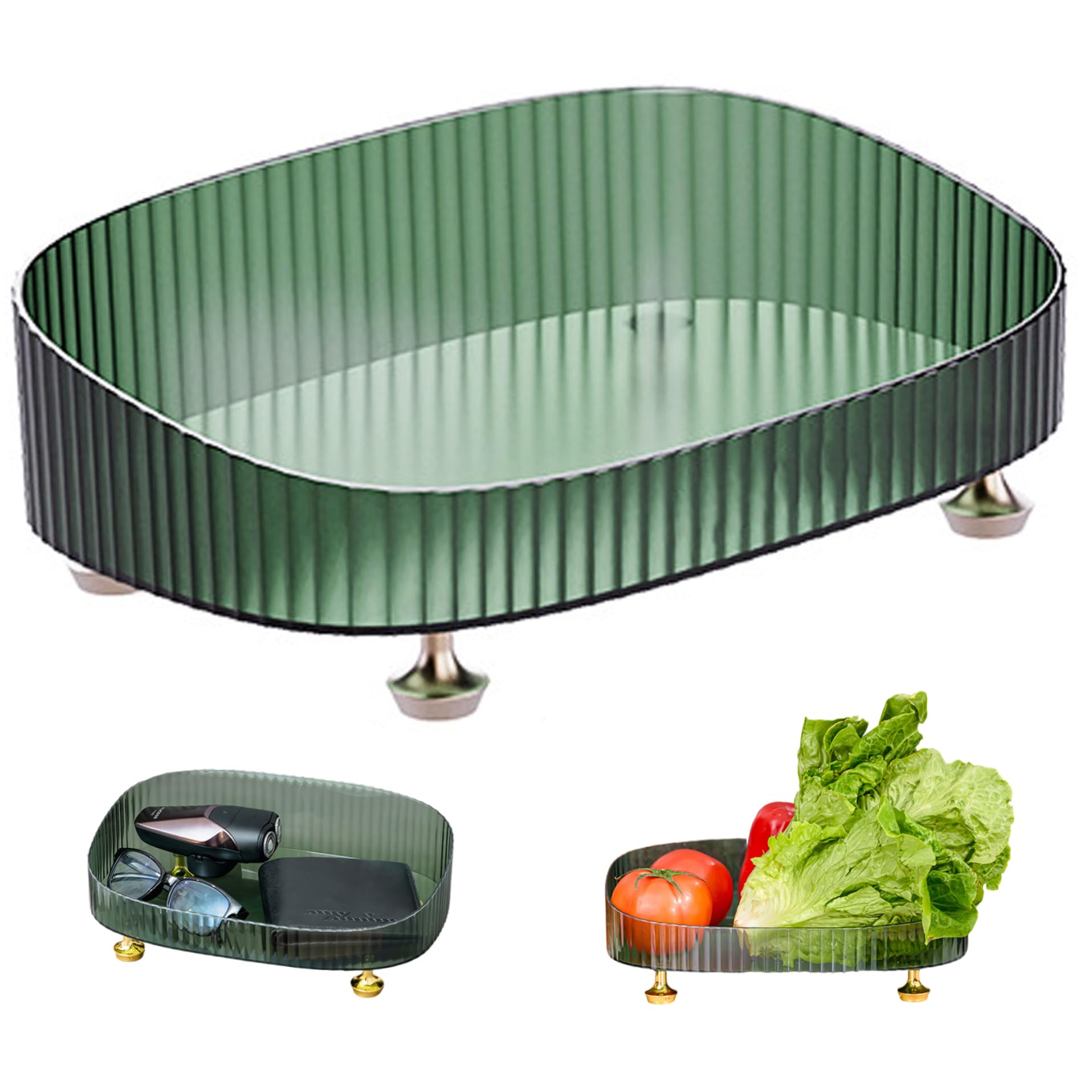 Elyebxj Green Vanity Tray, 10.6x7.1x3.5 Inch PET Bathroom Perfume Tray with Non-Slip Bottom, Decorative for Dresser Entryway
