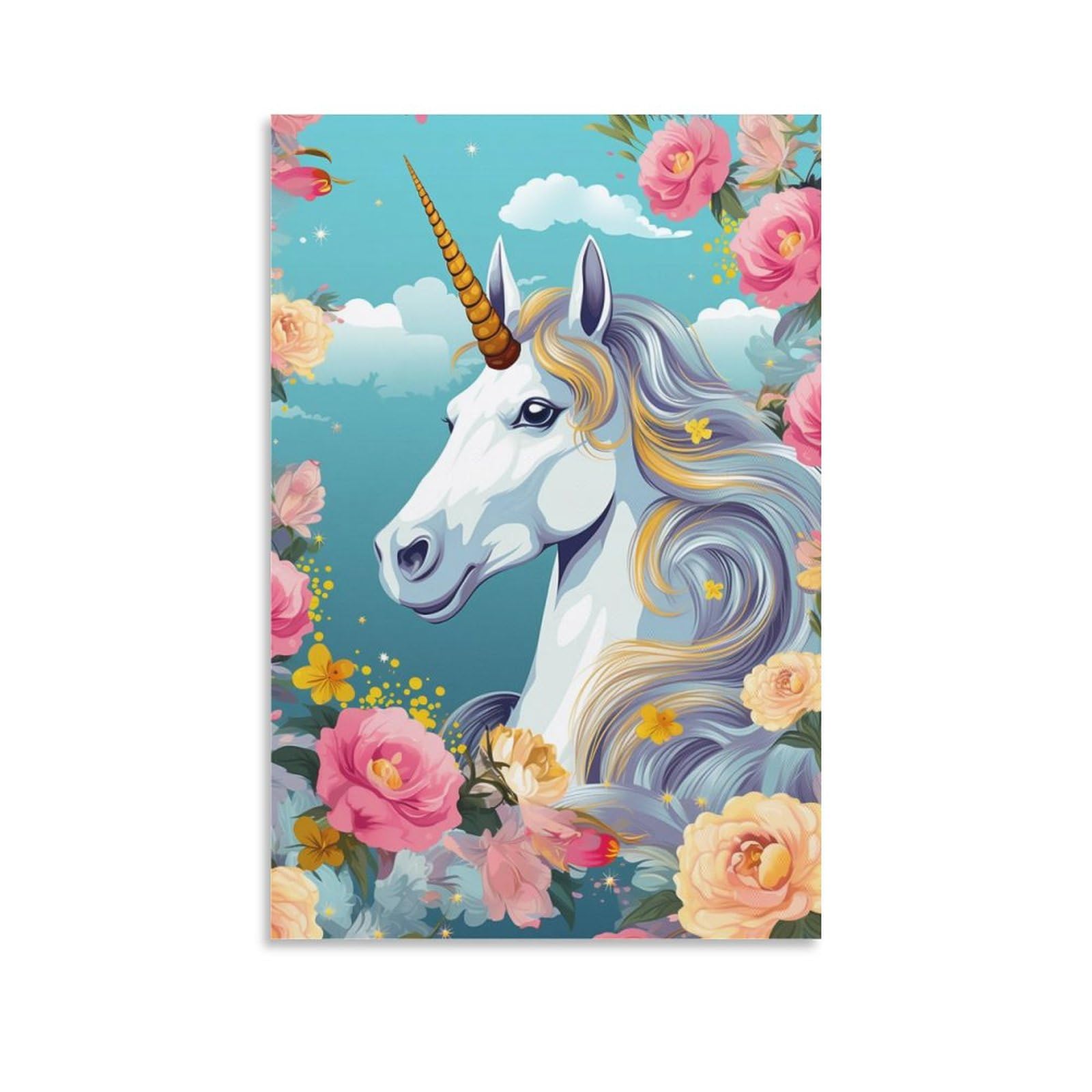 Foccar Unframe-Unicorn Cartoon Flower Unicorn Cartoon Flower Canvas Wall Decor Fairy Tale Beautiful Animals Poster Wall Art For Living Room Bedroom Artwork
