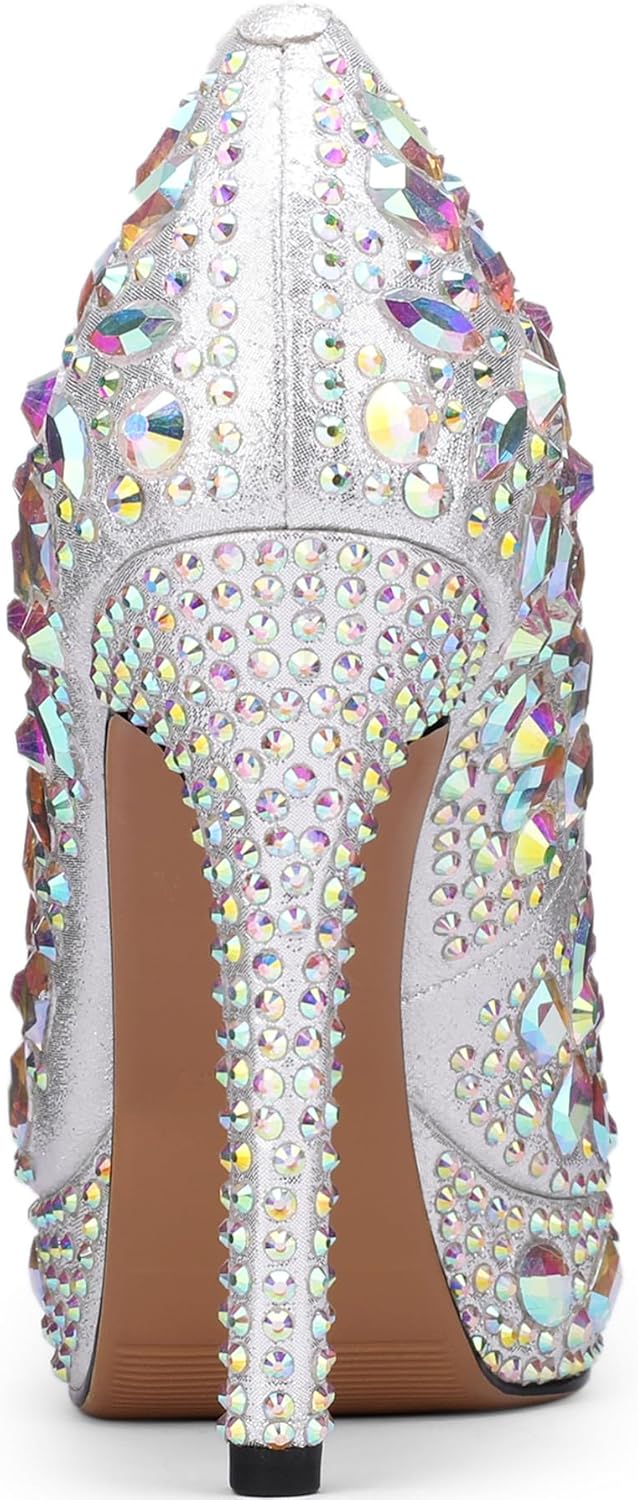 TDD Platform Heels for Women Glitter Crystal Rhinestone Square Toe Closed Toe Chunky Pumps Comfortable Dressy Wedding Elegantes Wide Comfortable Tacones 5 Inch High Heels