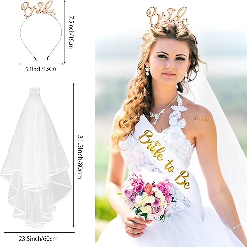 Miniatura 5 de Team Bride Decorative Sash Set, Bride to Be Bridal White Sash,Rose Gold Team Bride Sash,Veil,Bridal Team Bride Bracelets,Tiara,Tattoo for