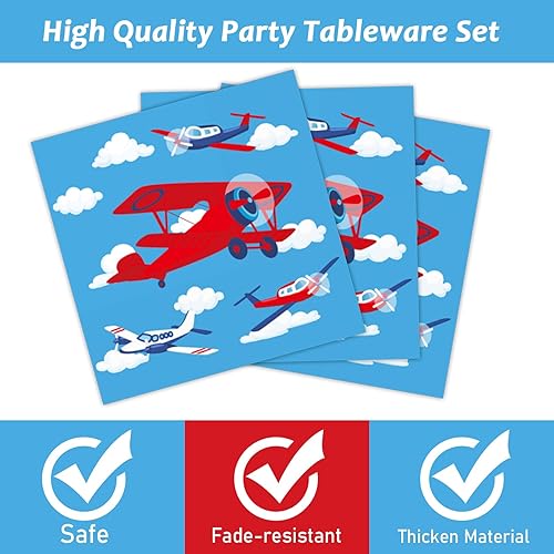 Miniatura 4 de Juego de 96 platos de fiesta de avión, servilletas, vajilla de avión, suministros para fiesta de cumpleaños, vajilla de papel desechable