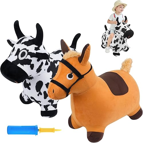 Bouncy Hopper - Vaca y caballo 2 piezas, inflable para pasear al aire libre en animales hinchables con bomba, cumpleaños para niños, niños pequeños,
