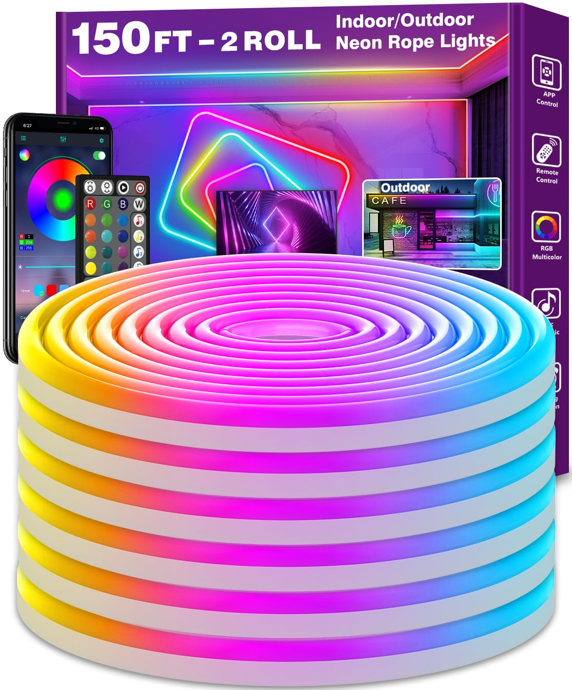 AILBTON 150Ft Neon Rope Lights,Flexible Led Rope Lights Control with App/Remote,Multiple Modes Music Sync Gaming RGB Led Neon Lights for Bedroom Outdoor