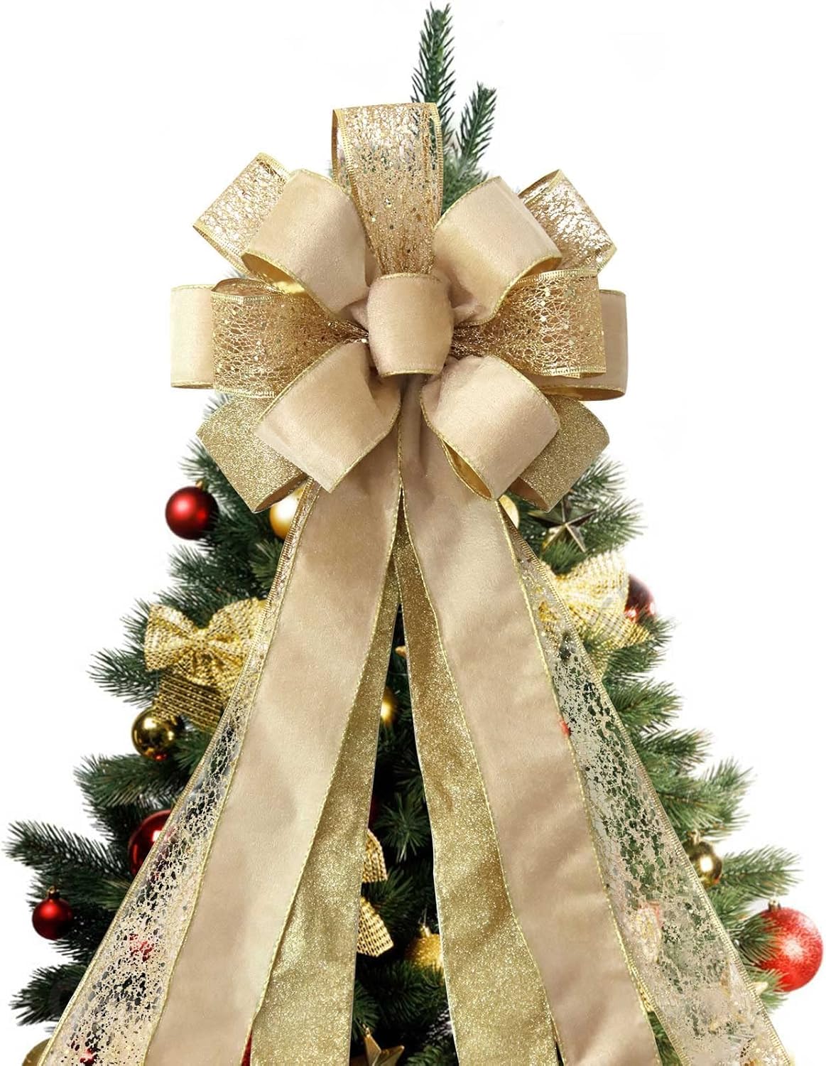LATERN Dorato Fiocco Puntale per Albero di Natale, 30CM x 110CM Grande Fiocco Natalizio in Velluto Cappello con Raso Glitterato Stelle Filanti per Natale Albero Camino Ghirlanda Porta Casa Decorazioni