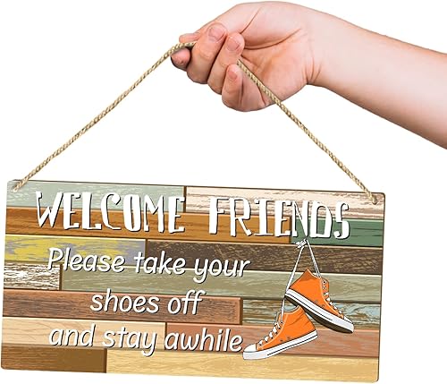 Miniatura 3 de Letrero colgante de madera con texto en inglés "Welcome Friends" para puerta delantera, con texto en inglés "Please Take Your Shoes Off and Stay