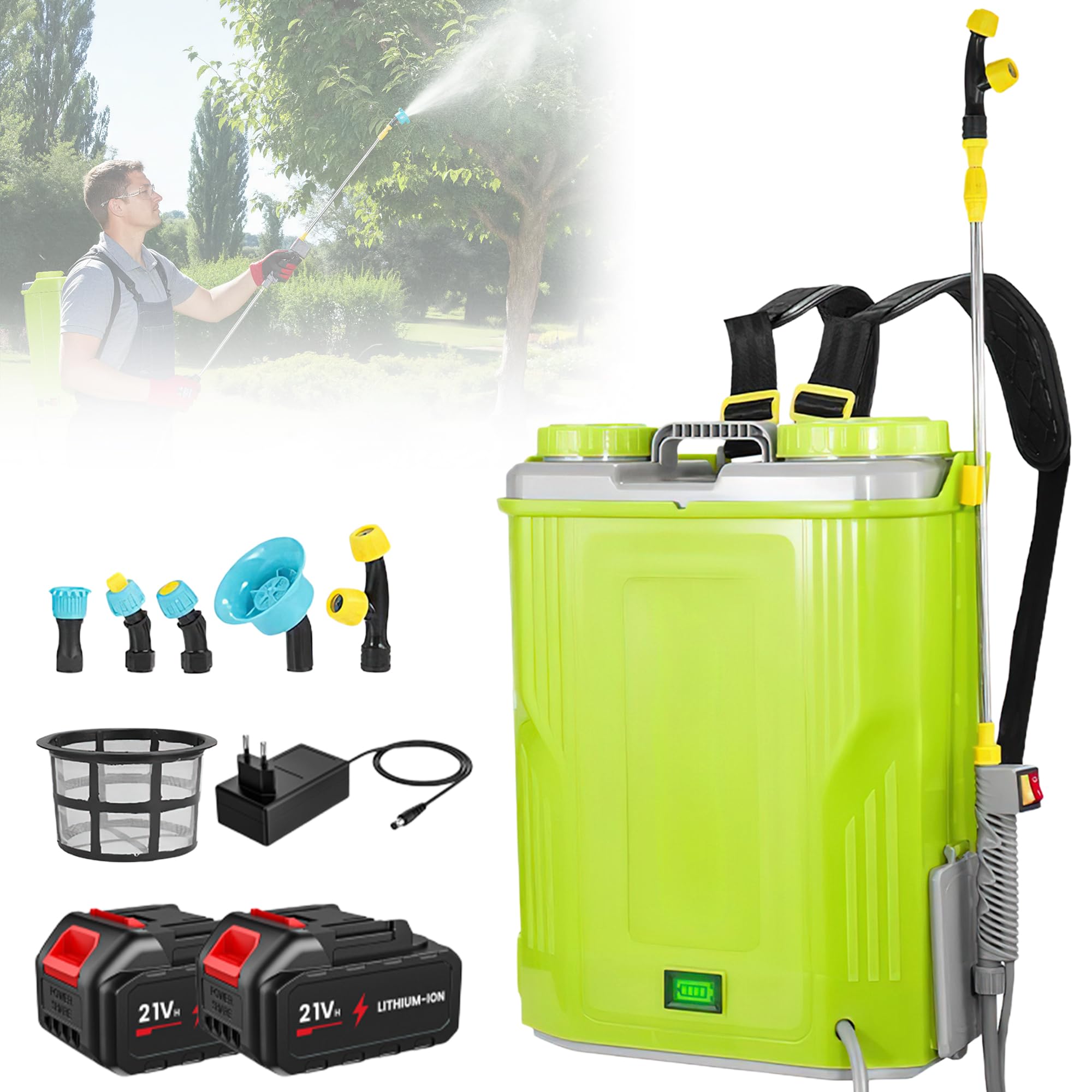 Polverizzatore elettrico da giardino 20L, spruzzatore per tetti con 2 batterie, lancia telescopica e 5 ugelli, pressione fino a 80 psi, per antischiuma di copertura e irrigazione delle piante.