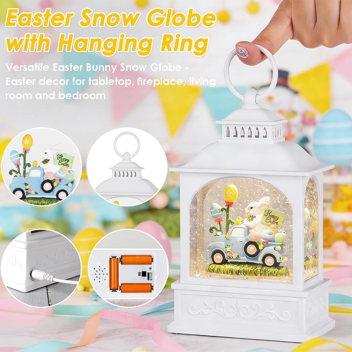 Easter Truck Snow Globe, 6H Timer Easter Snow Globe Glitter Bunny Spring Decor Easter Decorations (Bunny Truck)