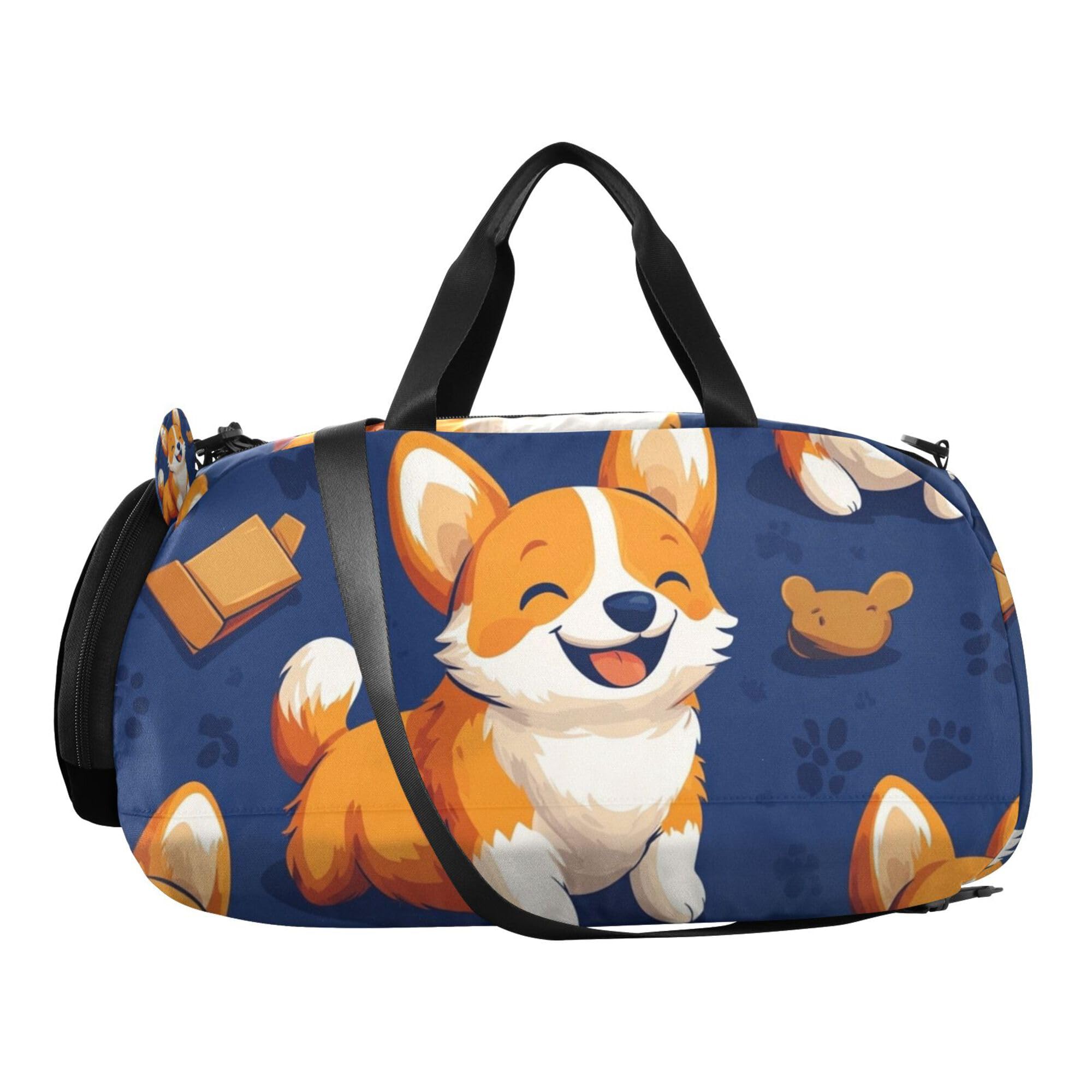 Glaphy Corgi Dog and Paws Blue Duffle Bag for Toddler Boys Girls, Gym Sports Bag with Shoe Compartments, Kids Travel Overnight Weekender Shoulder Bag