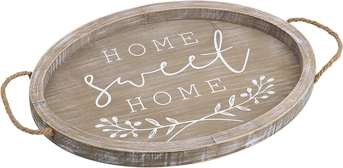 COLLECTIVE HOME - Ottoman Tray with Handles Vintage Wooden Decorative Tray Rustic Serving Trays for Coffee Table Oval Food Trays for Living Room Bedroom, Home Sweet Home, 16.5" 11.5"