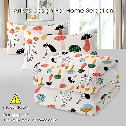 Miniatura 4 de SOULZZZ Juego de funda de edredón de hongos florales tamaño individual, funda de edredón con diseño de hongos y fresas rojas, flores azules,