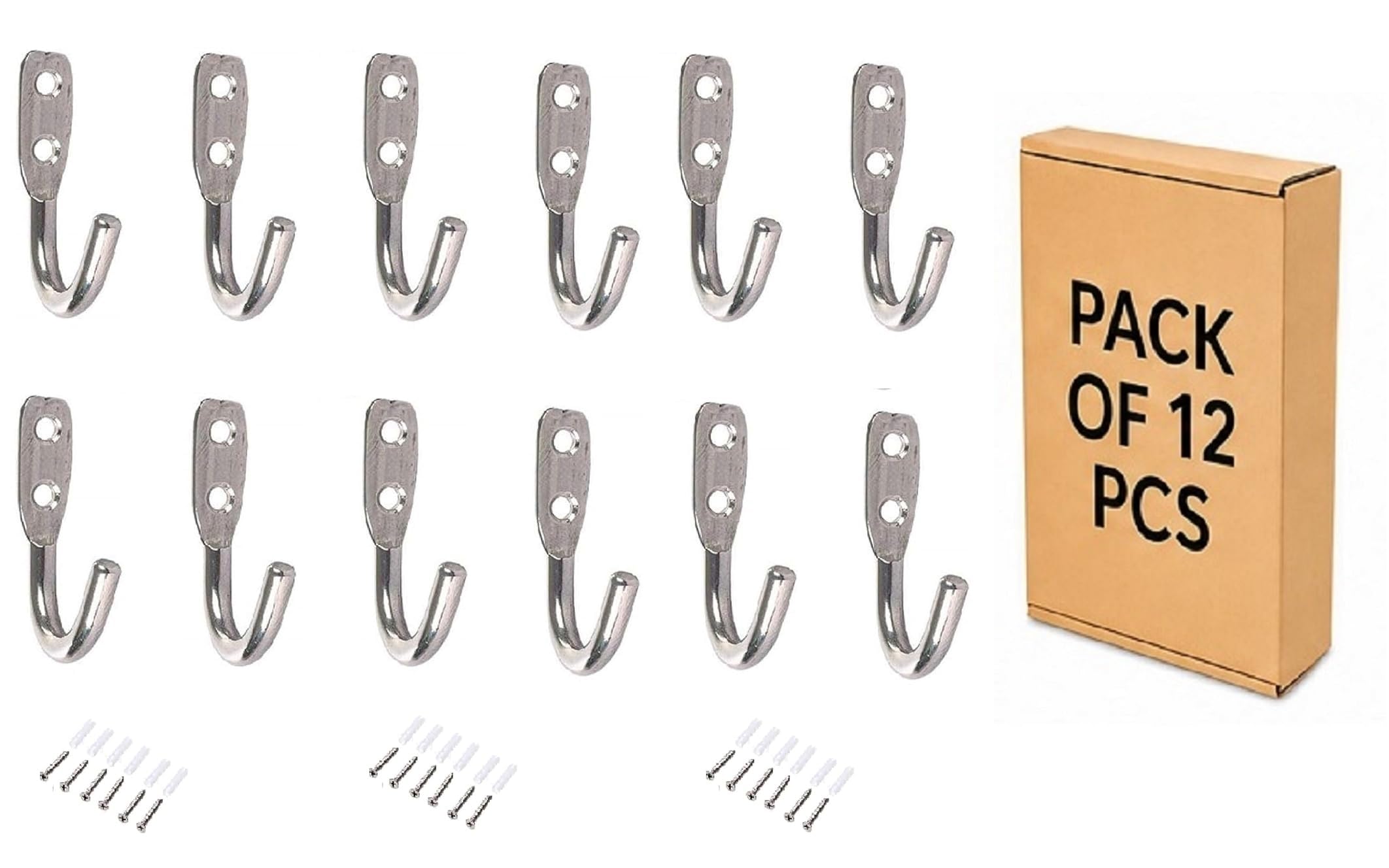 Q1 Beads 12 Pcs. Stainless Steel Heavy Duty(6mm) J Hook 20 Kgs Load Capacity Wall Hooks for Hanging on Bathroom Door,Clothes, Robe, Keys (Chrome)-image-9