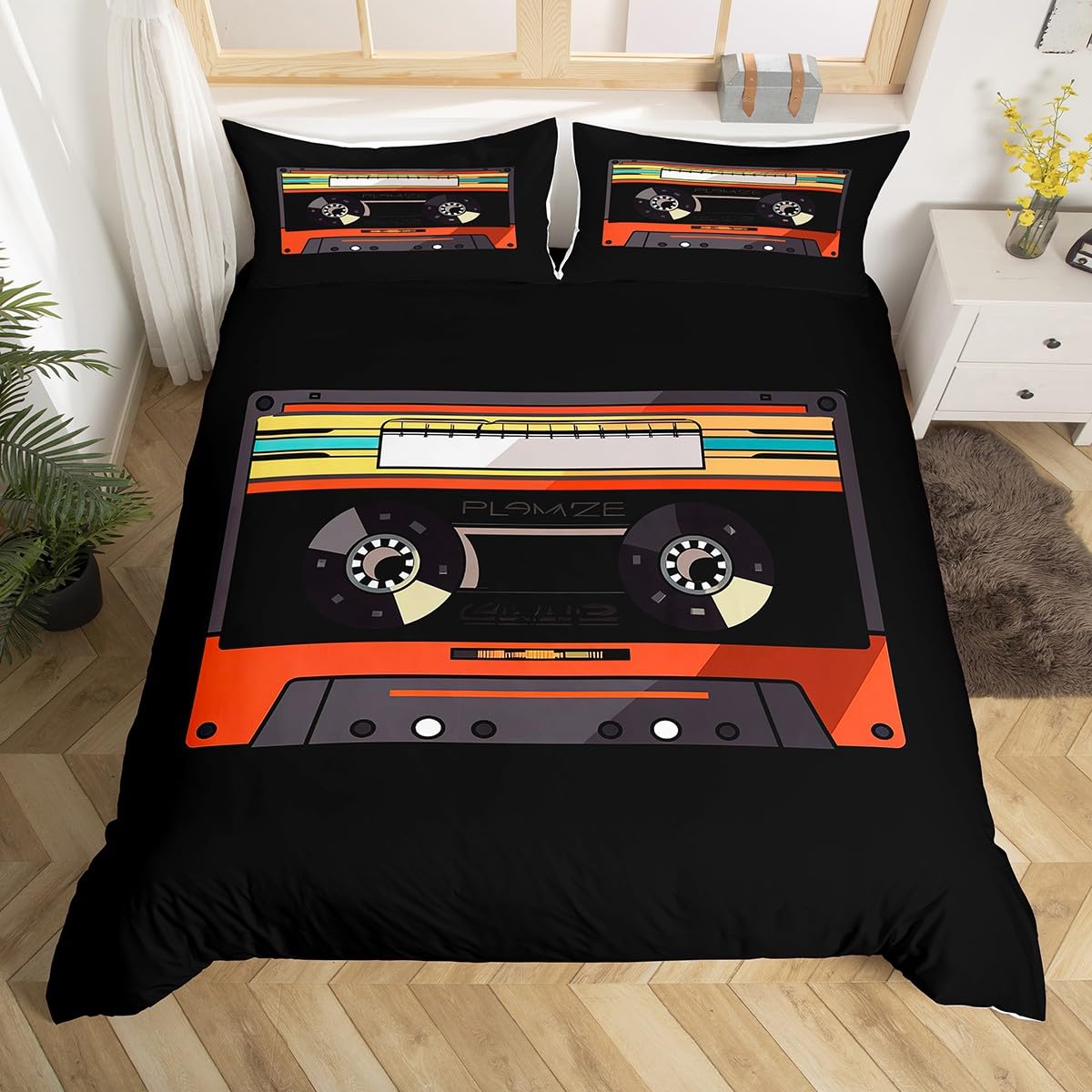 Homewish Cassette Tape Duvet Cover Double,Music Themed Bedding Set for Kids Boys Girls,Vintage Musical Acoustic Bedspread Cover,Audio Rhythm Bedding Set including 2 Pillow Cases,Orange Black