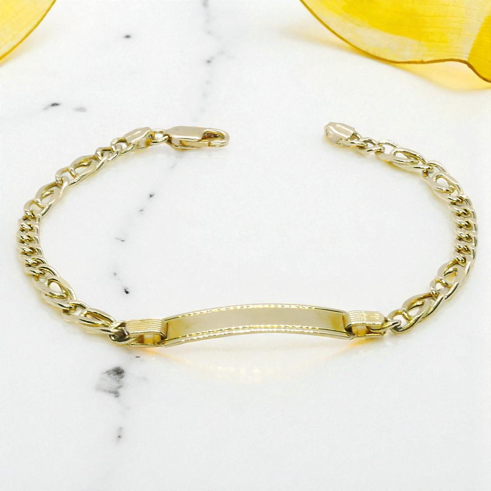Never Say Never Braccialetto per comunione in oro giallo 18 carati, per bambino, con targhetta personalizzabile – 18,5 cm – 4,0 mm – 6,25 g
