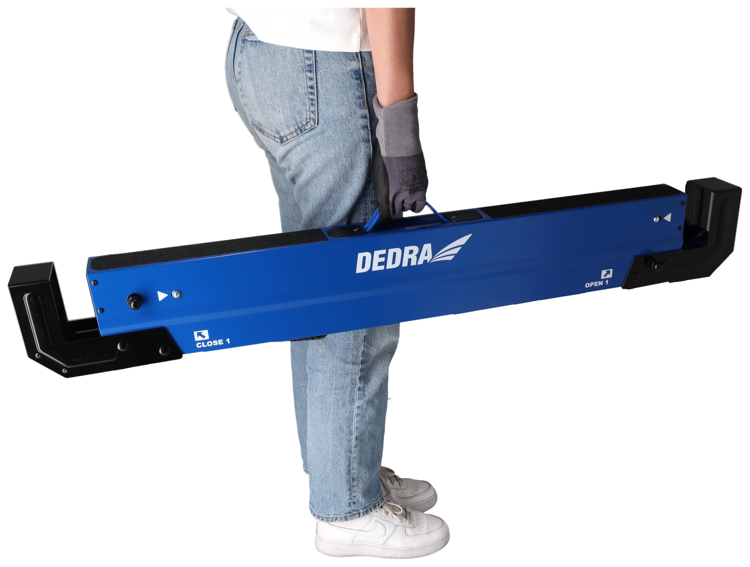 Dedra Juego de 2 caballetes de carpintero plegables N1103, altura regulable, carga máxima 1180 kg/par, acero, peso 18,9 kg, asa integrada, pies antideslizantes y superficie de trabajo