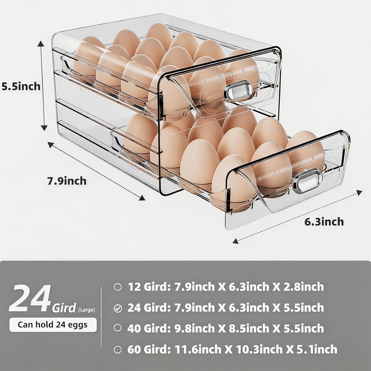 HIYOHIYO 40 Grids with 24 Grids Clear Egg Holder for Refrigerator, All Transparent PET Egg Container with Time Scale