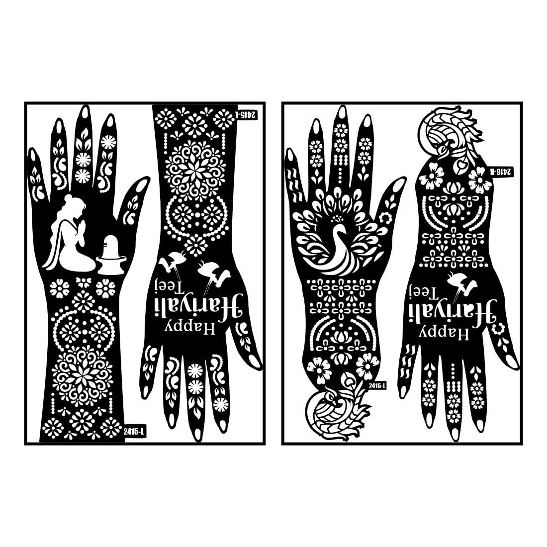 Text Happy Hariyali Teej With Peacock Pattern & Goddess Parvati Art Mehndi Stencil Sticker Combo Pack For Festival Look-image-43