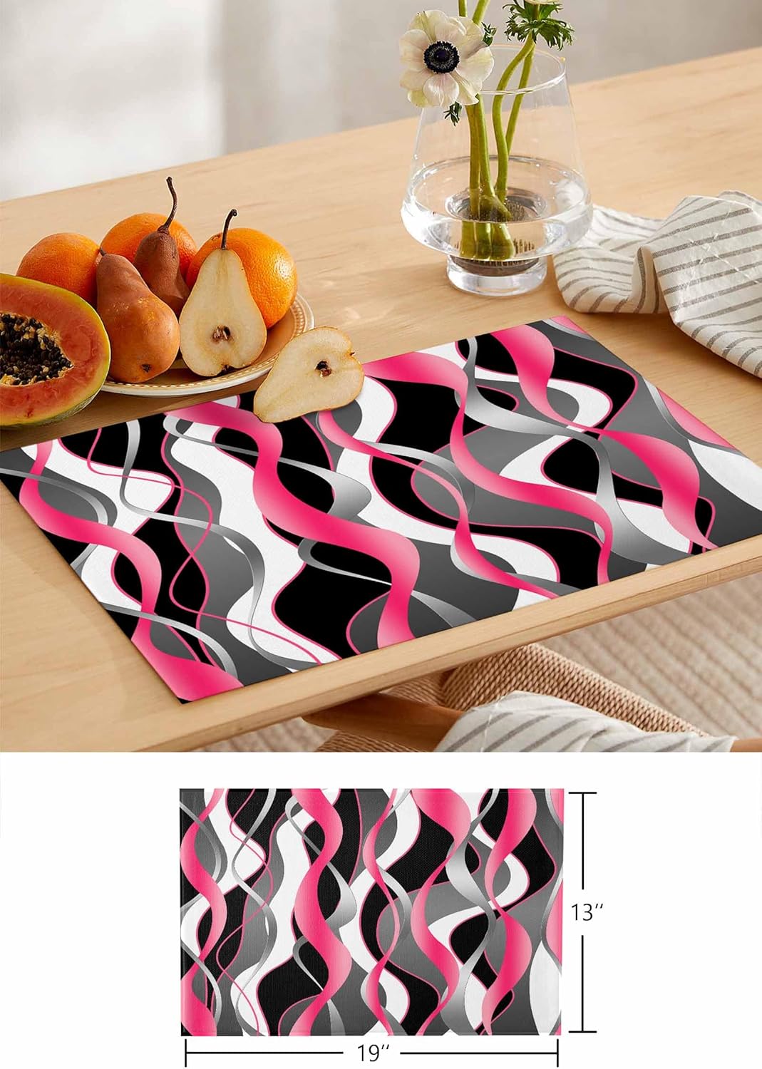 Pink Black Table Runner with Placemats Set of 4, Cotton Linen Kitchen Dining Mats Long Tablerunner 13"x70" Geometric Contemporary Grey White Stripe Table Mats Set for Living Room/Dresser/Dining Table