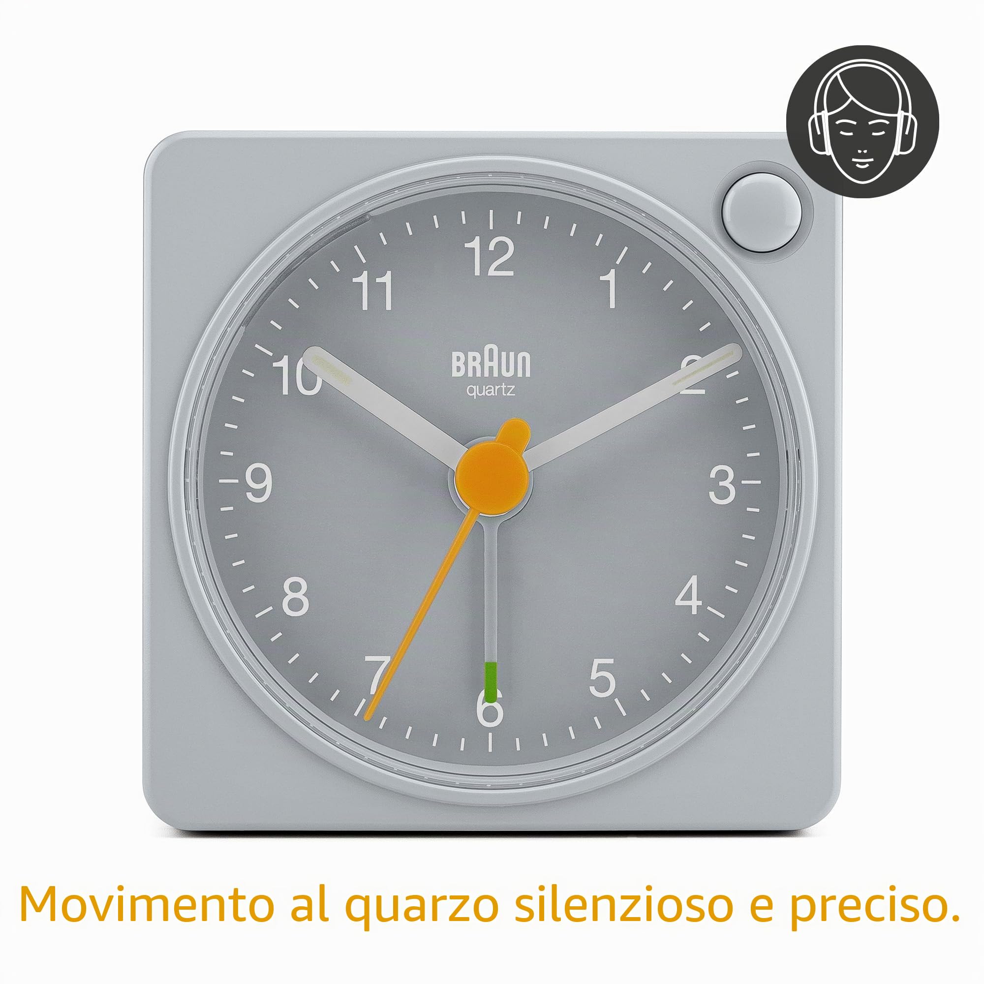 Braun Sveglia analogica Classic da viaggio con snooze e luce, dimensioni compatte, movimento al quarzo silenzioso, allarme sonoro in crescendo, grigio, modello BC02XG.