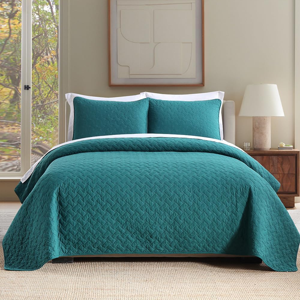 Cotton Quilt Bedding Sets Queen Size, 3 Pieces Reversible Lightweight Coverlets Comforters Bedspreads for All Seasons,Weave Stitching Pattern,Turquoise