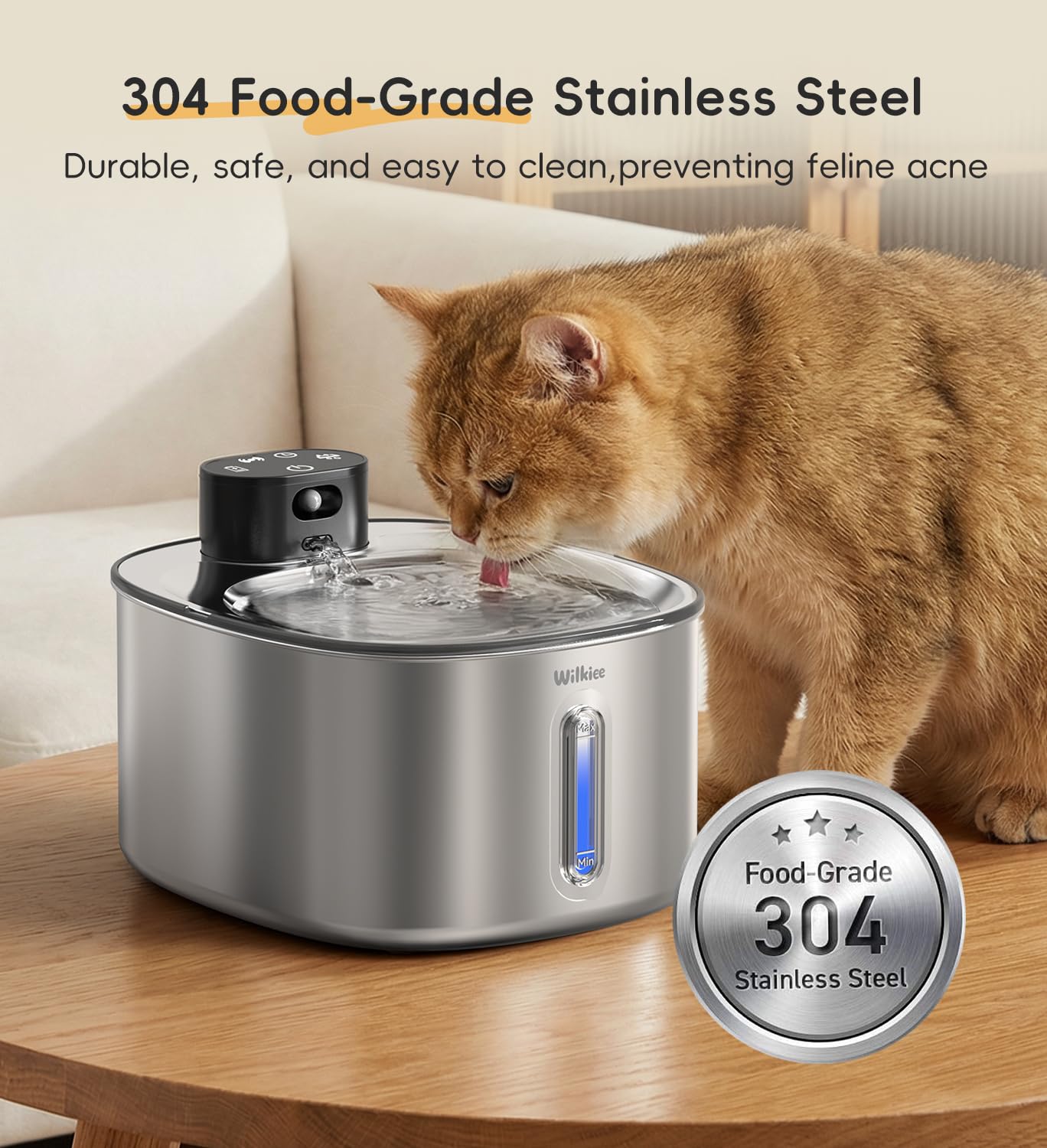 Fontana per gatti in acciaio inossidabile con 5 filtri, fontana per gatti da 4,2 l, funzionamento a batteria con sensore di movimento, dispenser di acqua per animali domestici senza fili, per gatti e