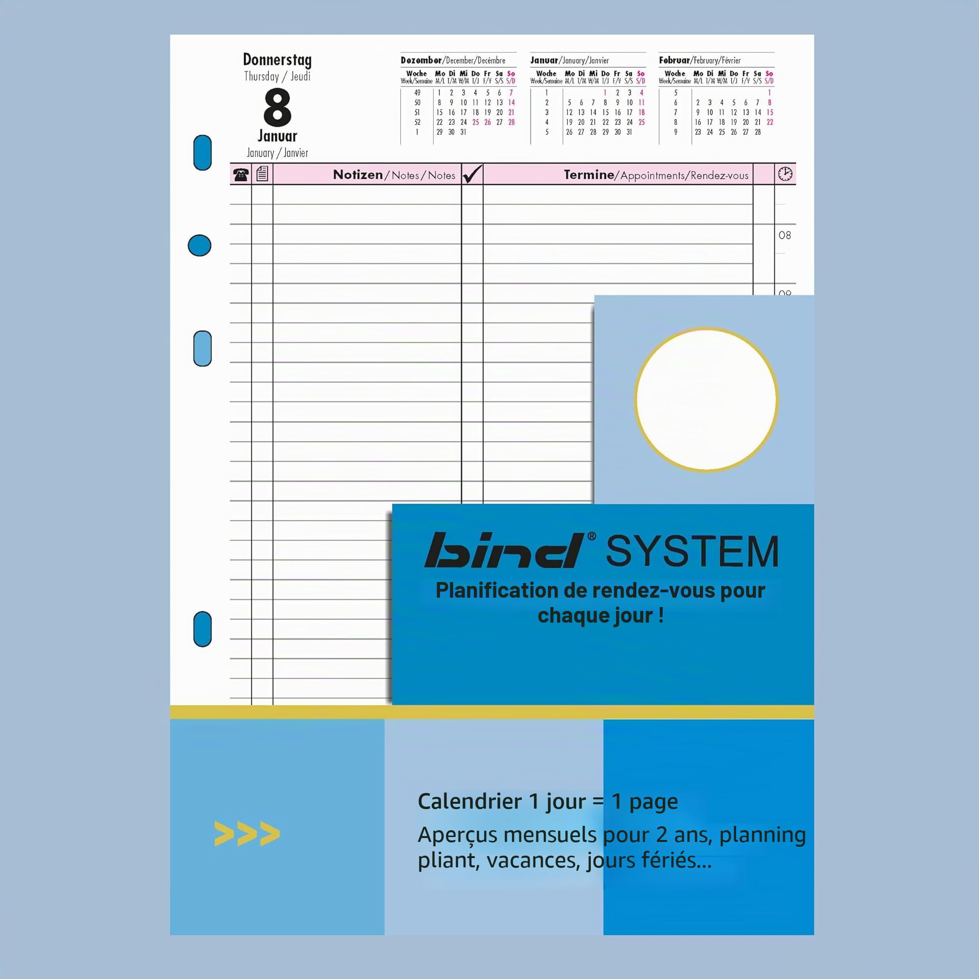 Bind 10111 - Organiseur A6 en cuir nappa - Organiseur - Agenda en noir - Dossier d'environ 19 x 14 x 4 cm, chemise avec insert avec calendrier, 1 jour = 1 page, chemise avec fermeture à pression