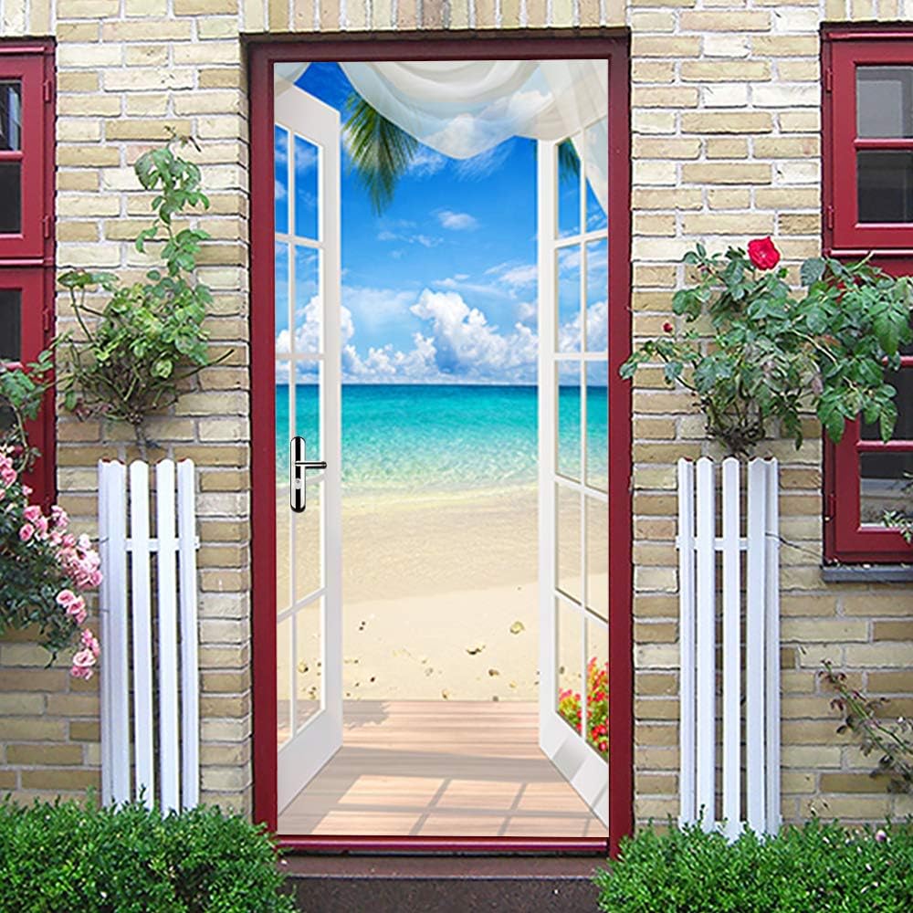 3D Door Wallpaper,3D Door Murals Peel and Stick,2Pcs Waterproof Decal Villa Sea View Door Wallpaper for Home Decoration Bedroom Living Room Bathroom Stair-30.3"x78.7"