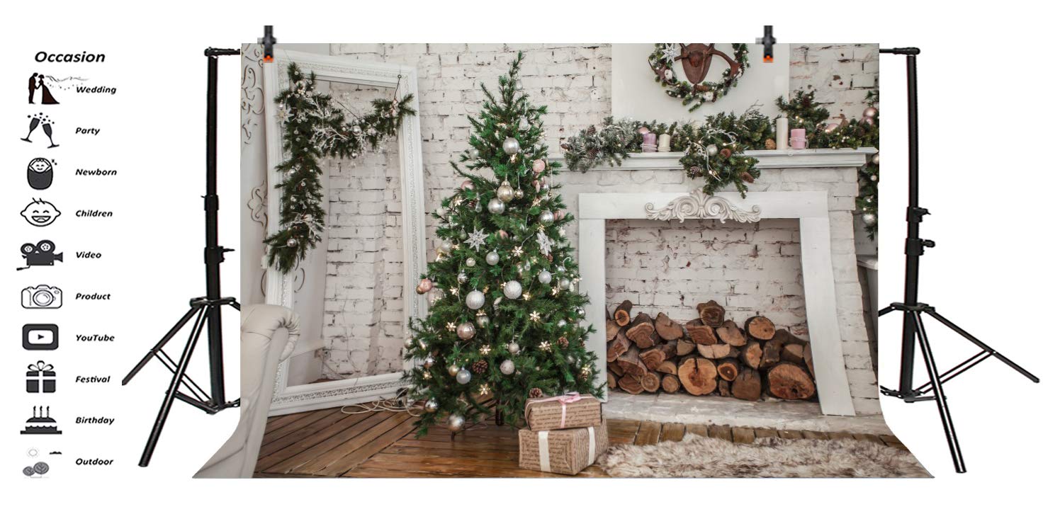 3x2,5m Fondo Fotográfico Feliz Navidad Árbol de Navidad Regalos Chimenea Interior Telón de Fondo Blanco Pared de Ladrillo Decoraciones de Fiesta Decoración para Fiestas de Invierno