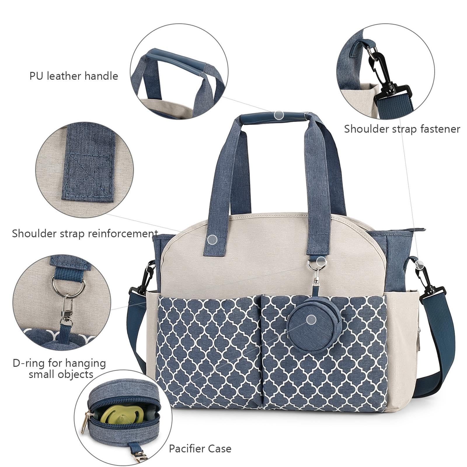 Wickeltasche für Mütter mit Schultergurt, Reißverschlusstaschen, Multifunktional, Großes Fassungsvermögen, Wasserdicht, Outdoor Organizer, Blau Weiß