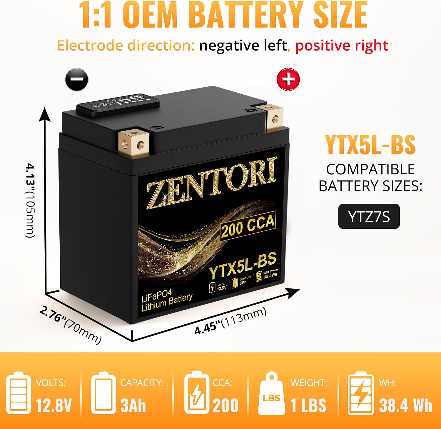 YTX5L-BS /CTX5L-BS / FTX5L-BS Lithium Motorcycle Battery 3Ah 200CCA Built-in BMS Fits Honda, Yamaha, Suzuki, KTM,ATVs, Scooters and Dirt Bikes，polarity (–, +）