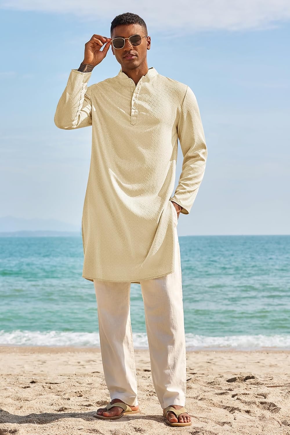 Runcati Mens Kaftan Thobe Textured Henley Shirt Long Sleeve Robe Casual Muslim Gown Shirt - Image 5