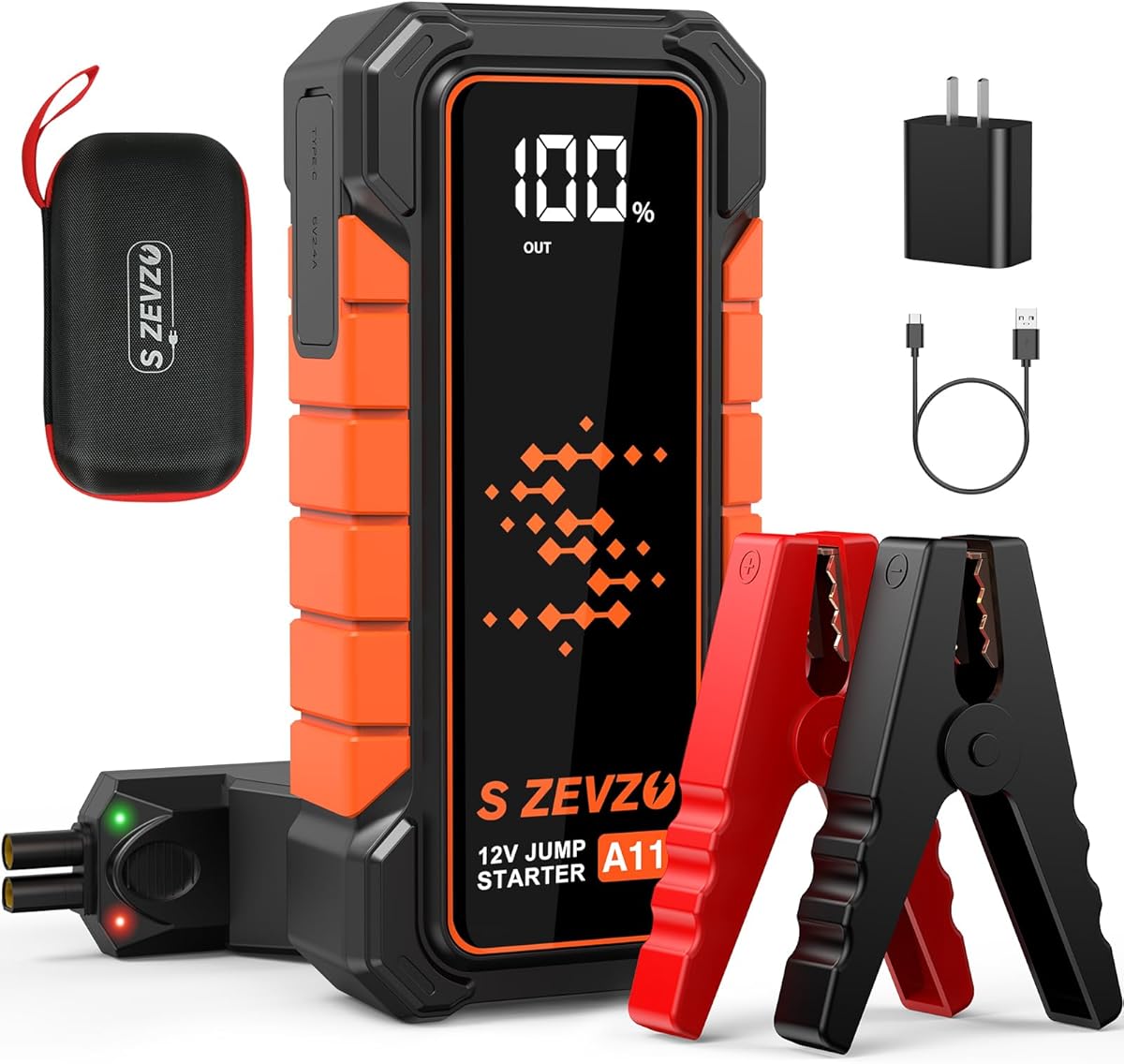 S ZEVZO A11 Jump Starter, Upgraded 5000A Car Battery Jumper Starter Portable (10.0L Gas & 7.0L Diesel Engines) with Booster 12V Lithium Jump Box with USB Charger, LCD Display, Flashlight, and Case