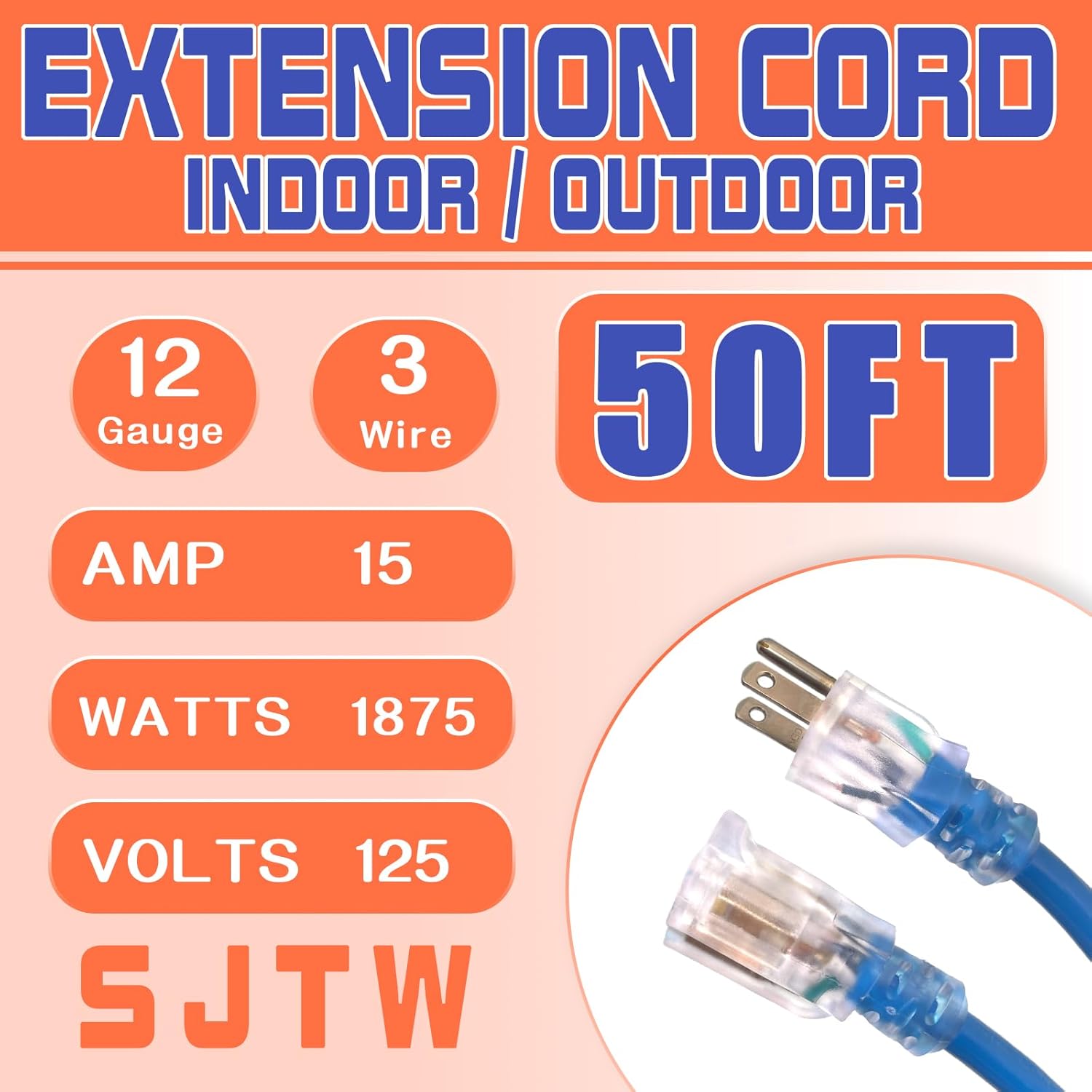 Extension Cord with Lighted End, 12 Gauge Heavy Duty Outdoor 50 FT, 3 Prong Grounded 15 Amp Extension Cord, 12/3 SJTW Waterproof Power Cord for Appliance, UL Listed, Blue