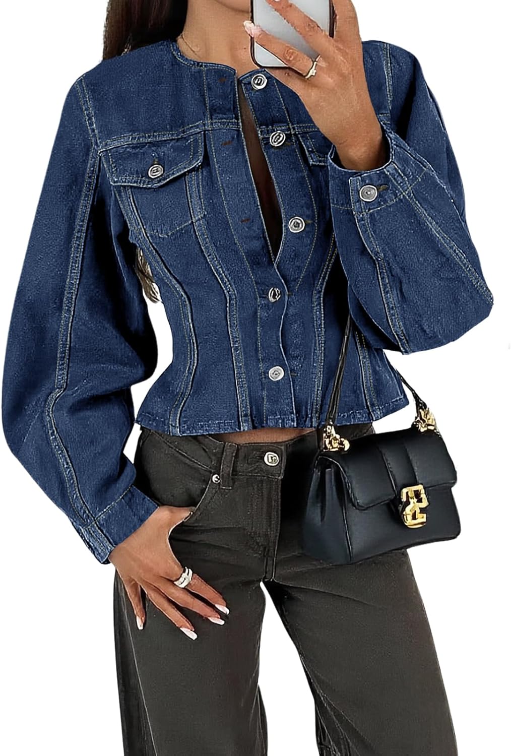 Tankaneo Womens Cropped Jean Jacket Trendy Crewneck Button Down Short Denim Jacket Y2k Slim Fit Casual Shacket