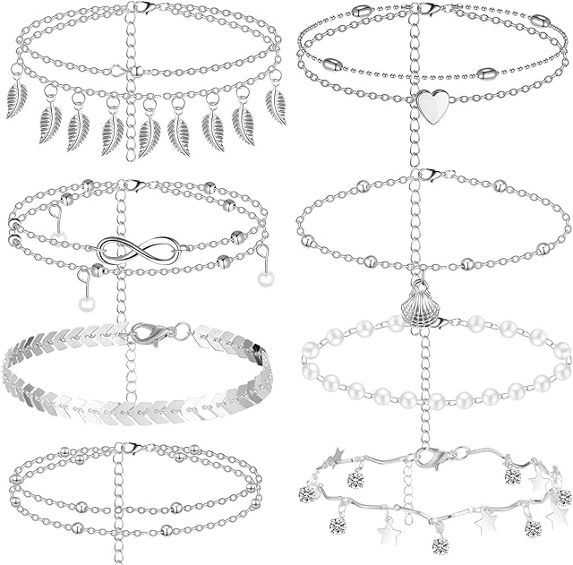 8 Pcs Silver Anklet Bracelets Set Adjustable Ankle Chains Bracelets Beach Ankle Bracelets for Women Silver Adjustable Anklet Cute Charm Anklet Boho Layered Anklet Foot Jewelry