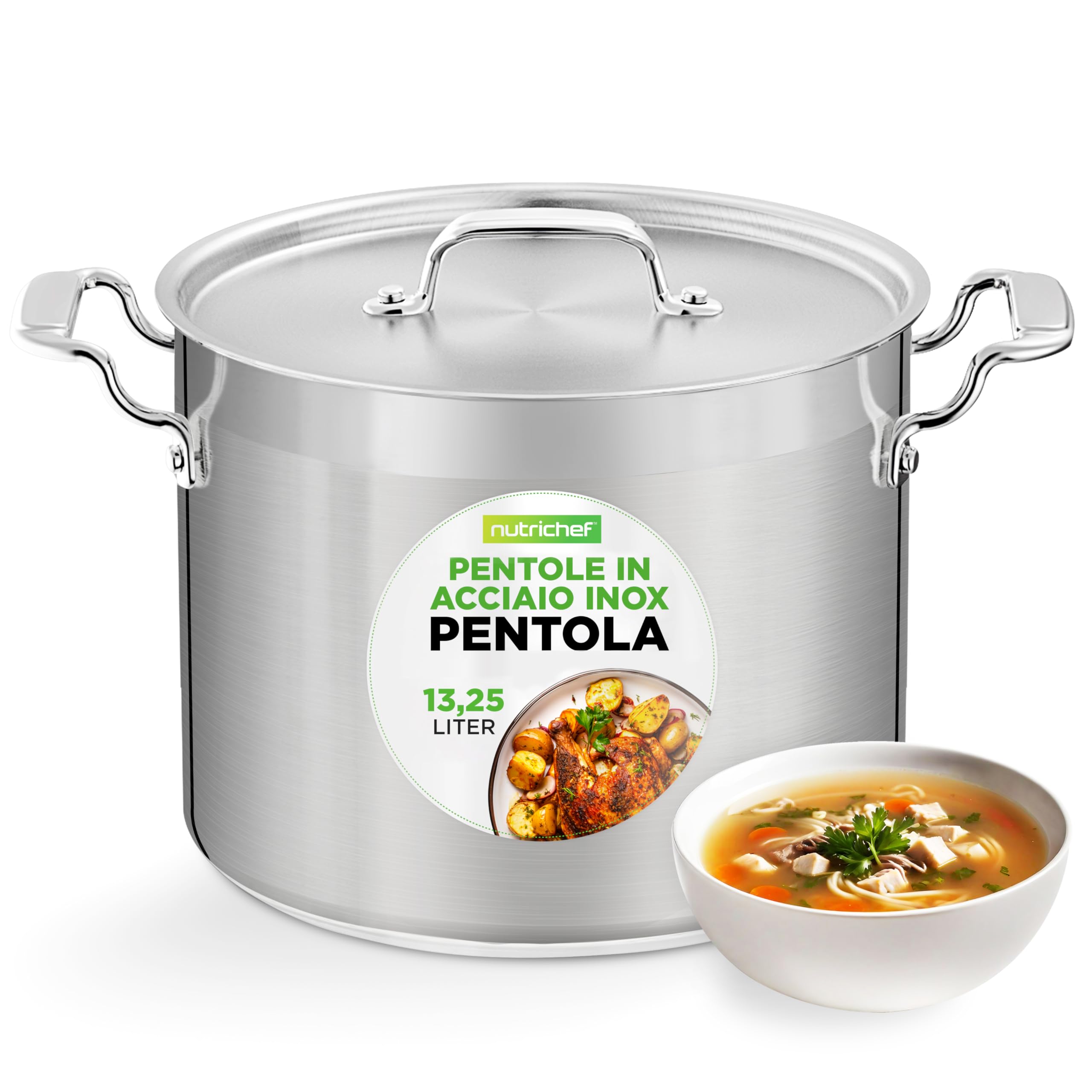 NutriChef Pentola Acciaio Inox 13,2 L con Coperchio, Manici Ergonomici, Pentola Induzione Resistente, Ideale per Cucine Professionali e Casa