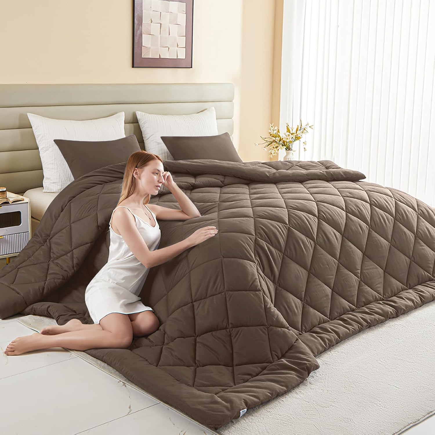 132x120 Alaskan King Comforter, Extra Large King Size Comforter Oversized, All Season Soft Lightweight Quilt Down Alternative Duvet Insert with 8 Corner Tabs(120x132, Brown)