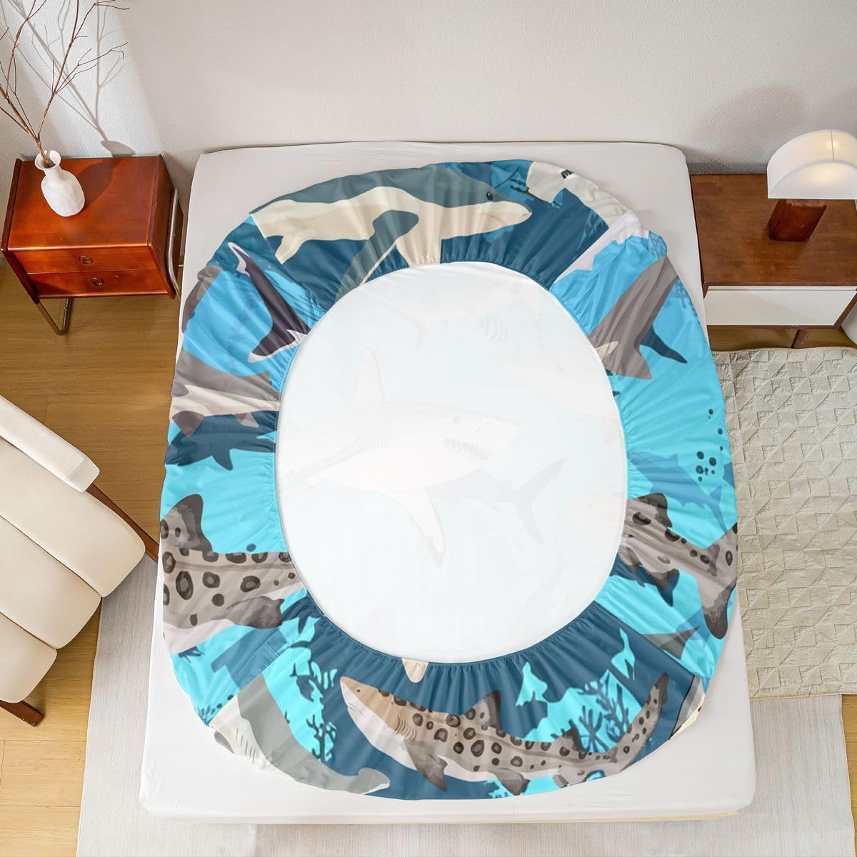 Erosebridal Shark Bed Sheets Full Hammerhead Shark Sheet Set, Under Sea Marine Life Soft Lightweight Bedding Set, Aquatic Animal Fitted Sheet with Deep Pocket