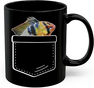 Lovesout Bolivian Ram Cichlid Sunflower Pocket Design Coffee Mug Black Ceramic 11oz Pet Owner Gifts