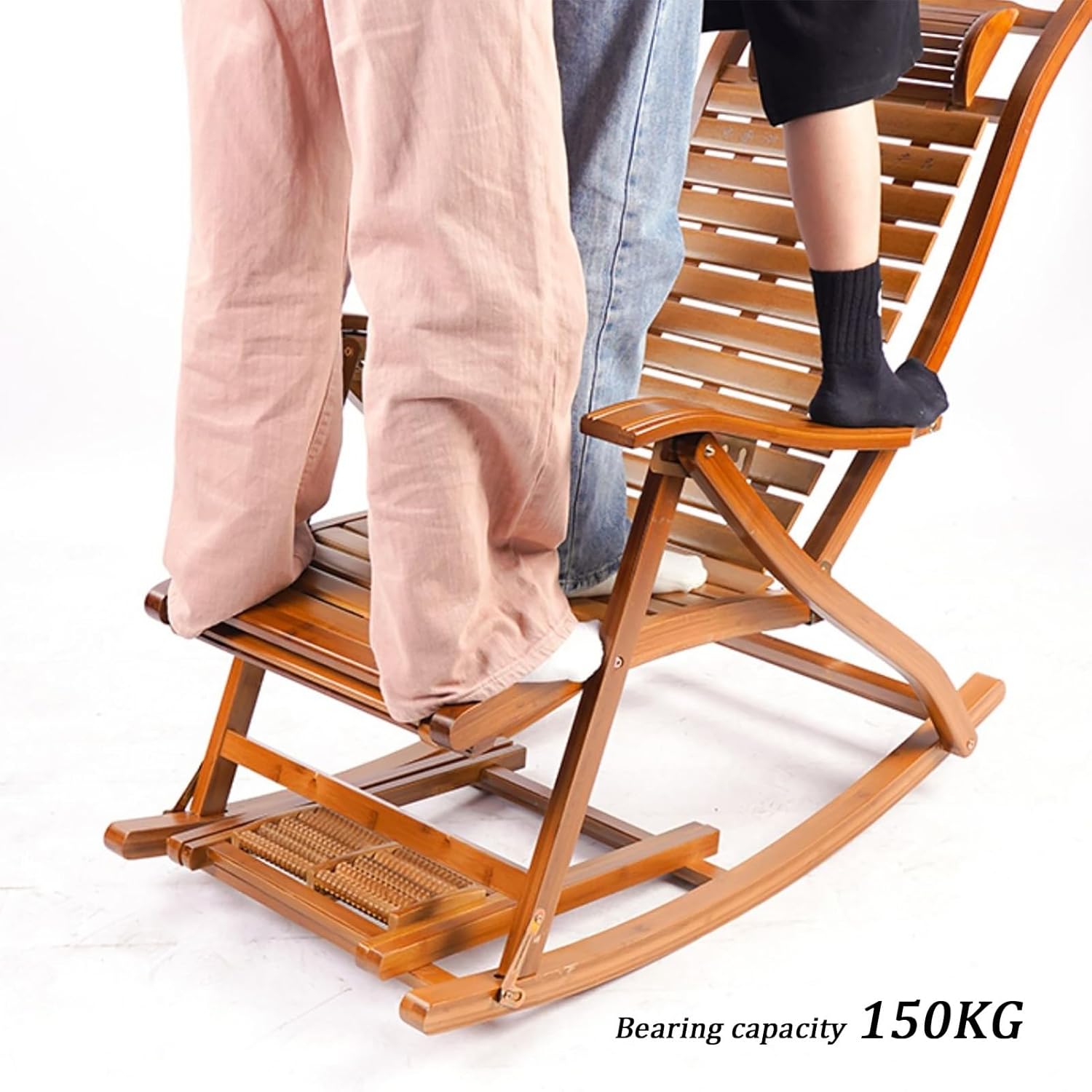 Foldable Rocking Chair, Bamboo Rocker Chair, Massage Footrest, Outdoor Breathable Recliner, Comfort Armchair, Adjustable Backrest Leisure Chair, for Garden Patio Park (Color : Brown)