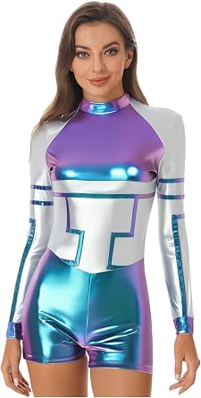 Alvivi Womens Space Out Astronaut Alien Costume Spacewoman Metallic Shiny Robot Galaxy Jumpsuit
