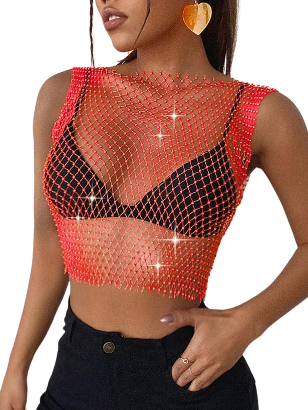 ChiaoLezhee Iridescent Rhinestone Crop Top, Rave Concert Festival Outfits Women, Sexy Sparkly Fishnet Tanks, Sheer Mesh Shirt